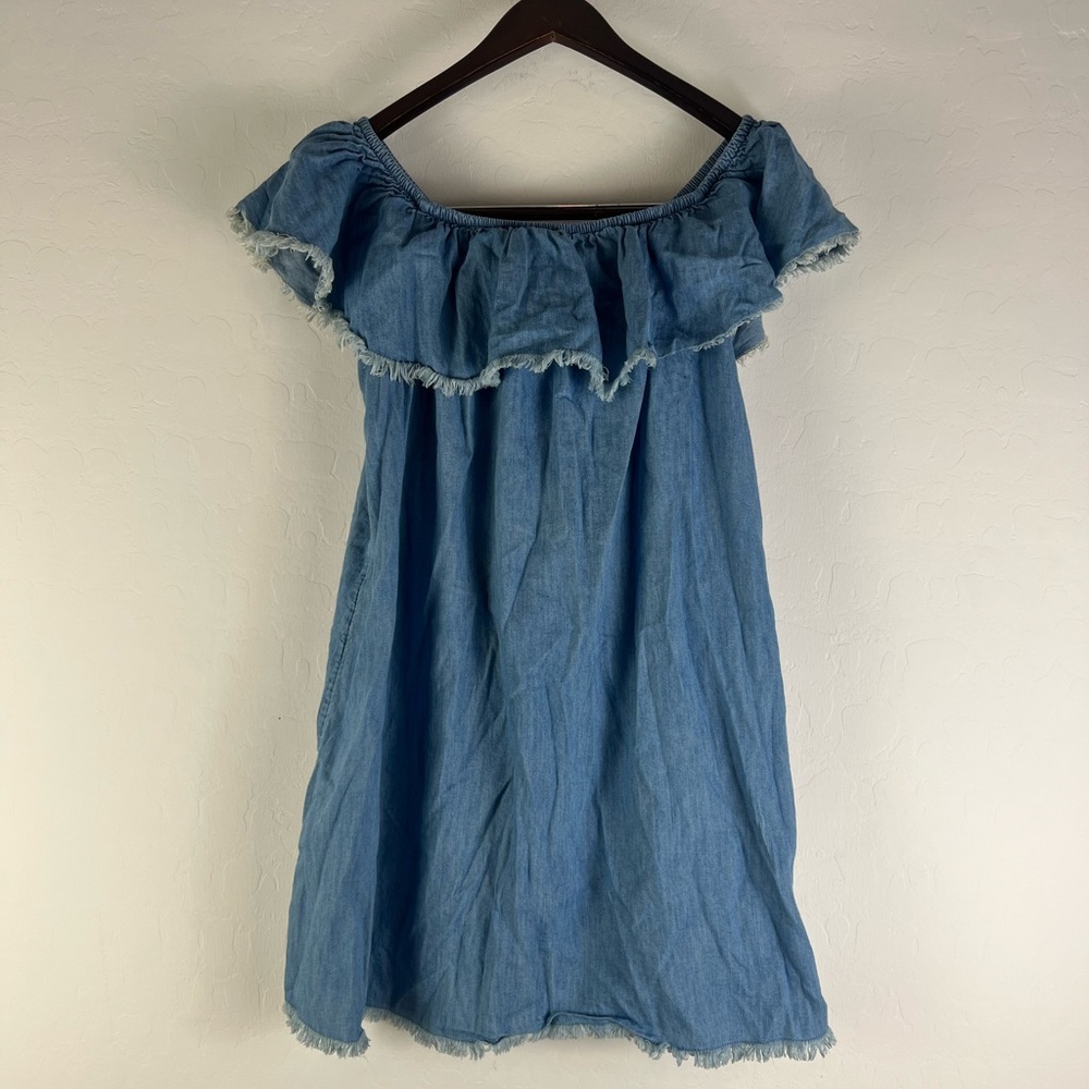 Mossimo Chambray Ruffle Neck Fray Hem On/Off Shoulder Dress Size Medium
